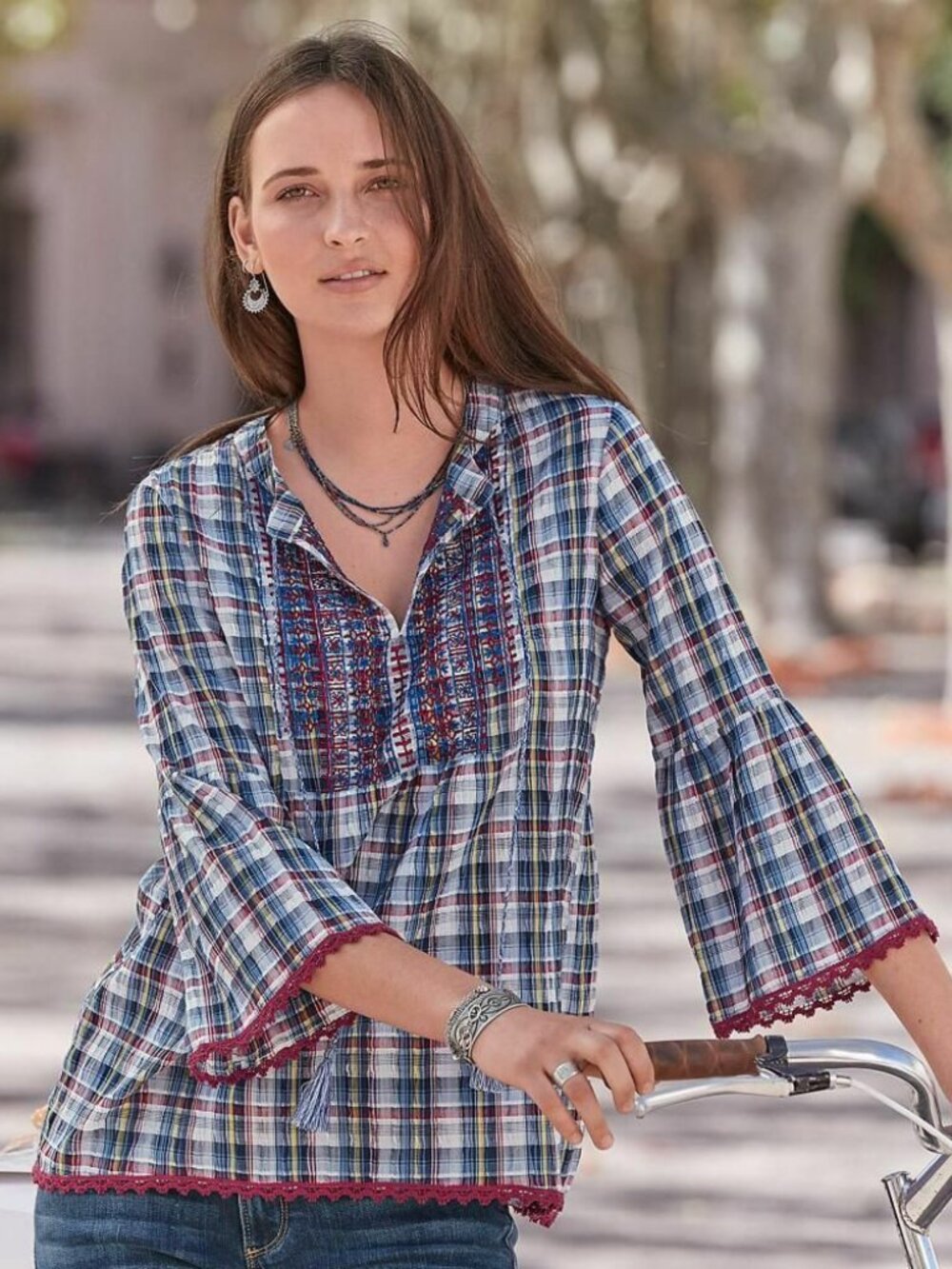 Sundance Bell Sleeve Embroidered Tunic Top M Blue Red Plaid Crinkle Gauze Blouse